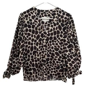 Cara Cara V Neck Blouse animal print cuff ties brown tan small